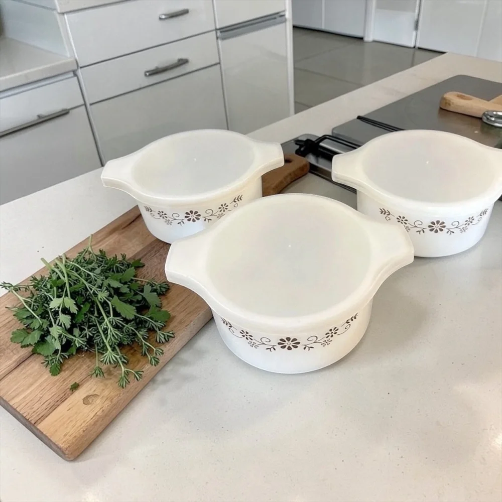 Vintage Corning Ware Spring Blossom Brown Daisy Covered Soup Bowls Set